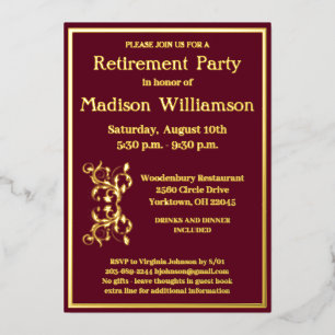 Invitation En Aluminium Élégant Parti de retraite Rouge VÉRITABLE Or    