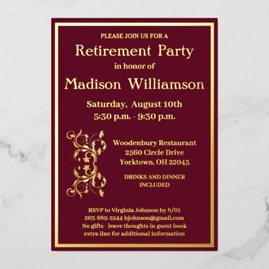 Invitation En Aluminium Élégant Parti de retraite Rouge VÉRITABLE Or (Recto)