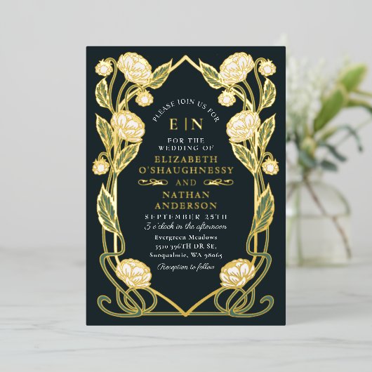 Invitation En Aluminium Elégant Peony blanc Art Nouveau Floral Mariage (Debout devant)