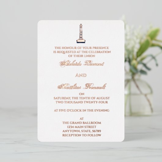 Invitation En Aluminium Elégant phare Mariage nautique - bleu marine, (Debout devant)