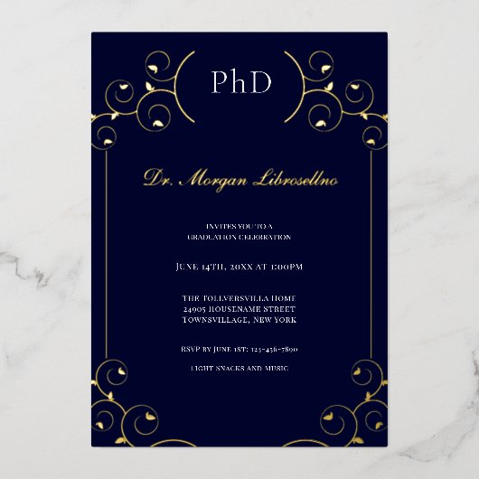 Invitation En Aluminium Élégant PhD Gold White Blue Graduation Party (Recto)