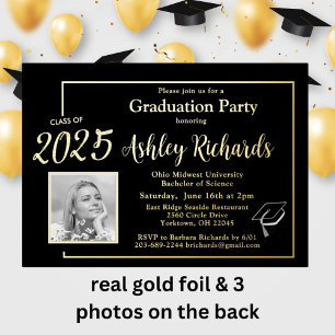 Invitation En Aluminium Elégant Photo Black Gold Graduation Party Real