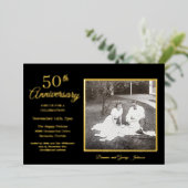 Invitation En Aluminium Élégant Photo Noir 50e Anniversaire Or (Debout devant)