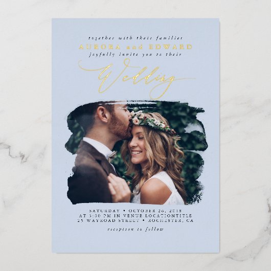 Invitation En Aluminium Élégant Photo superposition Dusty Blue Boho Mariag (Recto)