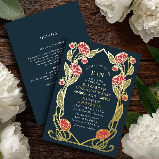 Invitation En Aluminium Elegant Pink Peony Art Nouveau Wedding All in One