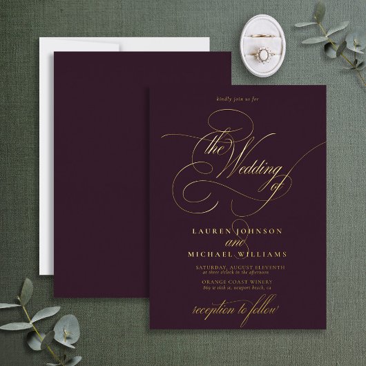 Invitation En Aluminium Élégant Plum or Moderne Calligraphie Mariage Foil