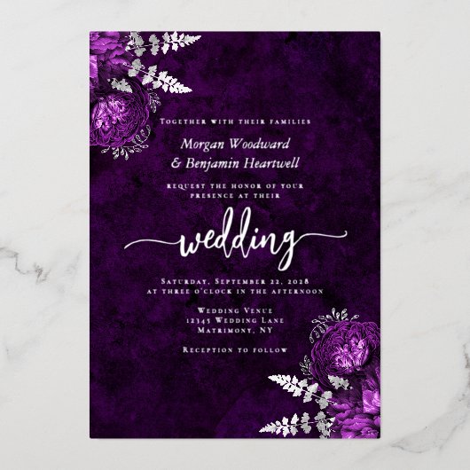 Invitation En Aluminium Elegant Plum Purple Silver Floral Wedding (Recto)