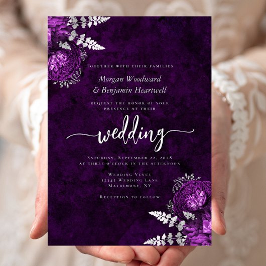 Invitation En Aluminium Elegant Plum Purple Silver Floral Wedding
