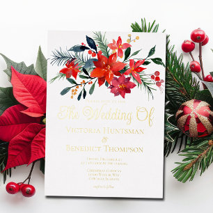 Invitation En Aluminium Élégant poinsettia floral de Noël mariage or