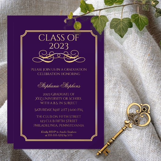 Invitation En Aluminium Élégant Purple University Graduation Party Gold
