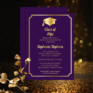 Invitation En Aluminium Élégant Purple University Graduation Party Gold