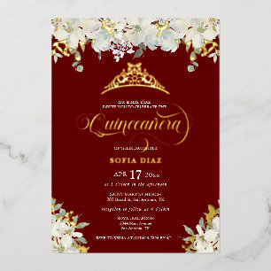 Invitation En Aluminium Élégant Quinceañera Floral Rouge Or