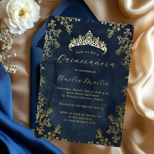 Invitation En Aluminium Elégant Quinceanera Floral Vintage Or Navy