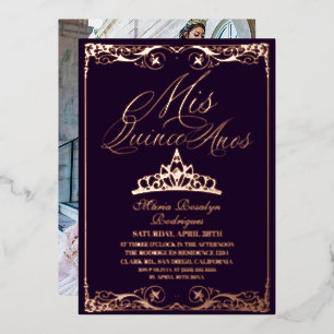 Invitation En Aluminium Élégant Quinceanera Photo à motif feuille d'or ros