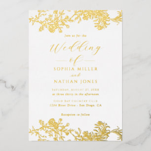 Invitation En Aluminium Élégant Real Gold Foil Floral Lace Script Mariage