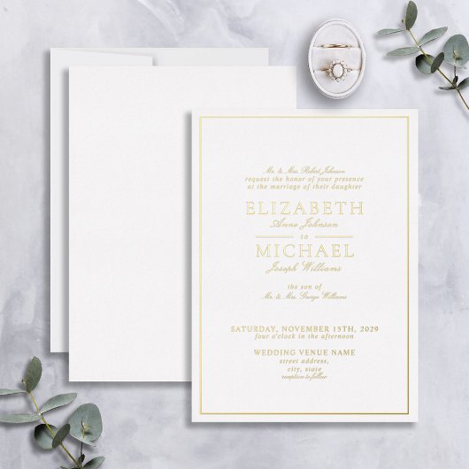 Invitation En Aluminium Élégant Real Gold Foil Mariage de script blanc