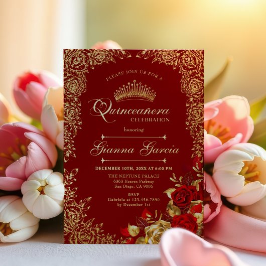 Invitation En Aluminium Élégant Red Gold Floral Quinceanera Party