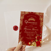 Invitation En Aluminium Élégant Red Gold Floral Quinceanera Party
