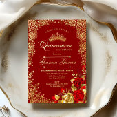Invitation En Aluminium Élégant Red Gold Floral Quinceanera Party