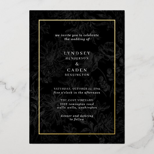 Invitation En Aluminium Élégant Romantique Floral Black Mariage Gold (Recto)