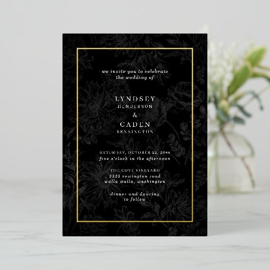 Invitation En Aluminium Élégant Romantique Floral Black Mariage Gold (Debout devant)