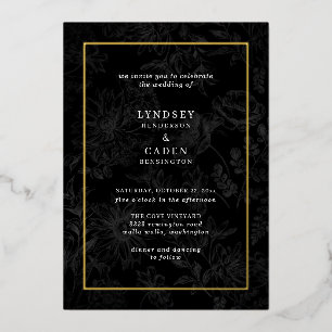 Invitation En Aluminium Élégant Romantique Floral Noir Mariage Or