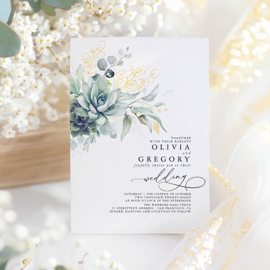 Invitation En Aluminium Elégant romantique Succulents Gold Greenery Mariag