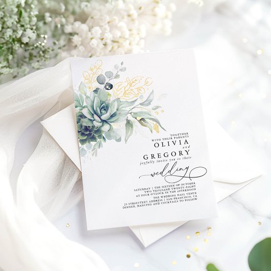 Invitation En Aluminium Elégant romantique Succulents Gold Greenery Mariag
