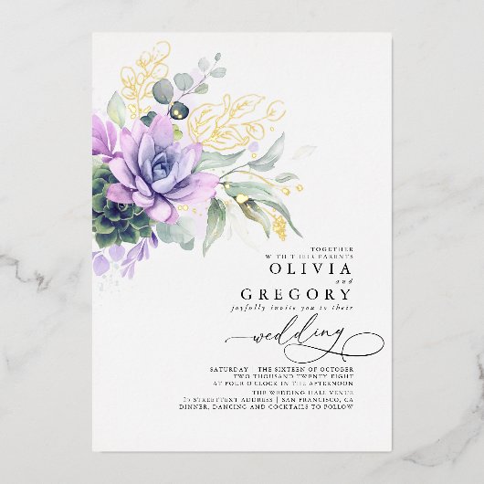 Invitation En Aluminium Elégant romantique Succulents Gold Greenery Mariag (Recto)