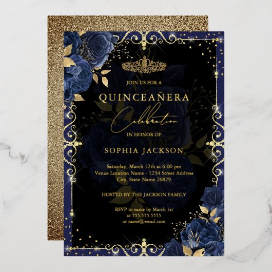 Invitation En Aluminium Elégant Rose bleu or Quinceanera (Recto/Verso)