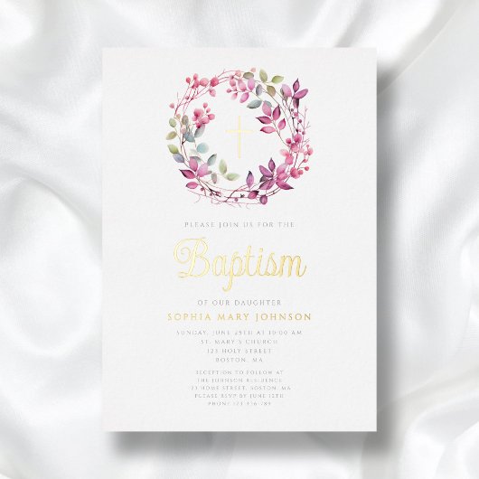 Invitation En Aluminium Élégant rose Botanique Religieux Fille Baptême