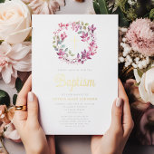 Invitation En Aluminium Élégant rose Botanique Religieux Fille Baptême