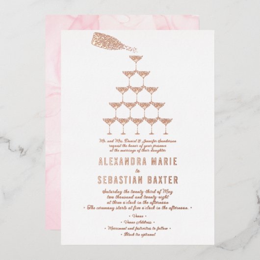 Invitation En Aluminium Élégant Rose Champagne Tour Mariage Script (Recto/Verso)