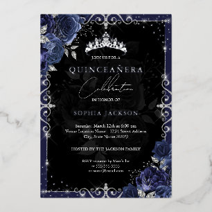 Invitation En Aluminium Elégant Rose d'argent de la Marine Quinceanera