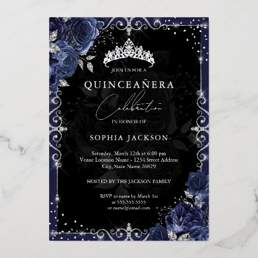 Invitation En Aluminium Elégant Rose d'argent de la Marine Quinceanera (Recto)