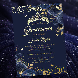Invitation En Aluminium Elégant Rose de la marine Gold Swirl Quinceanera