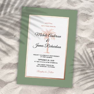 Invitation En Aluminium Elégant Rose de Sage Gold Palm Tree Mariage Tropic
