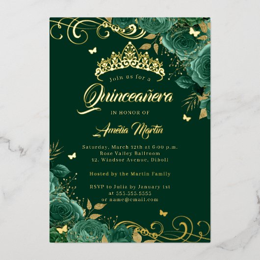 Invitation En Aluminium Élégant Rose Emeraude Swirl Gold Quinceanera (Recto)