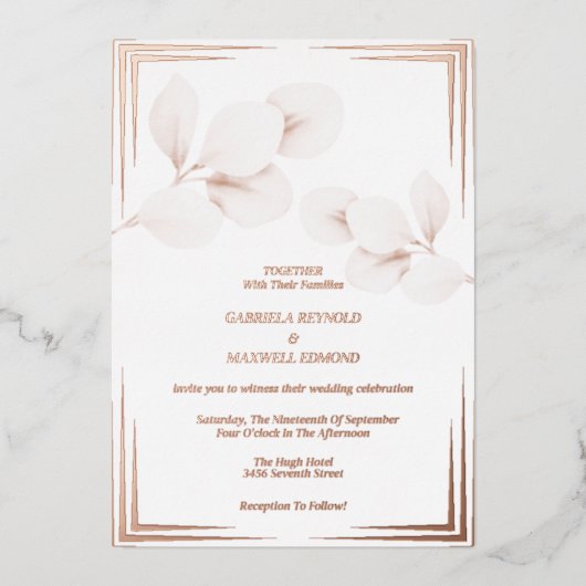 Invitation En Aluminium Élégant Rose Eucalyptus Mariage or (Recto)