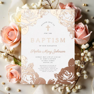 Invitation En Aluminium Élégant Rose Floral Gold Girl Baptism