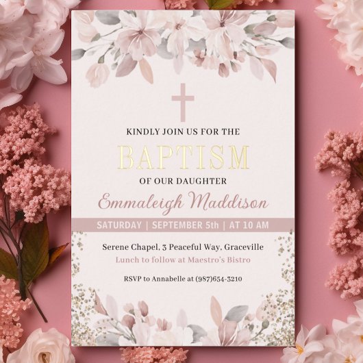 Invitation En Aluminium Élégant rose floral photo Baptême