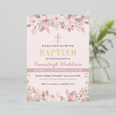 Invitation En Aluminium Élégant rose floral photo Baptême (Debout devant)
