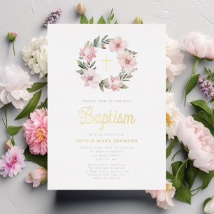 Invitation En Aluminium Élégant rose Floral Wreath Girl Baptism Or