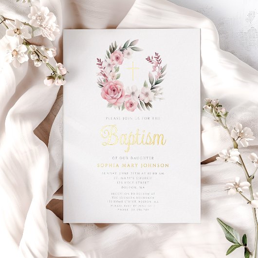 Invitation En Aluminium Élégant rose Floral Wreath Girl Baptism Or