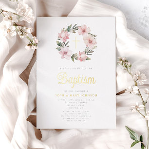 Invitation En Aluminium Élégant rose Floral Wreath Girl Baptism Or