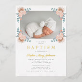Invitation En Aluminium Élégant rose florale fille photo Baptême or (Recto)
