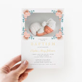 Invitation En Aluminium Élégant rose florale fille photo Baptême or