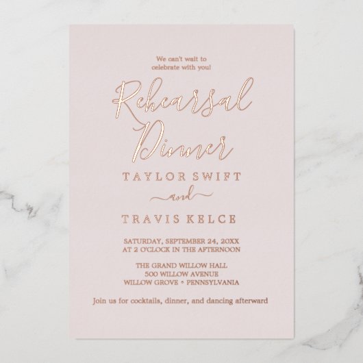 Invitation En Aluminium Élégant Rose Gold Foil | Dîner de répétition (Recto)