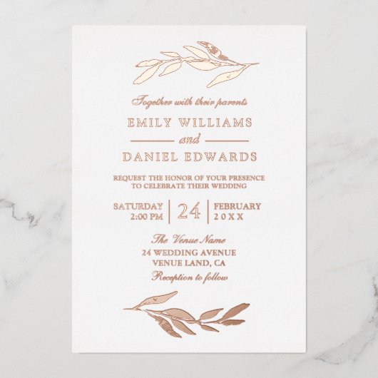 Invitation En Aluminium Élégant Rose Gold Foil Feuille moderne Mariage (Recto)