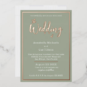 Invitation En Aluminium Élégant Rose Gold Foil sur Sage Green Mariage